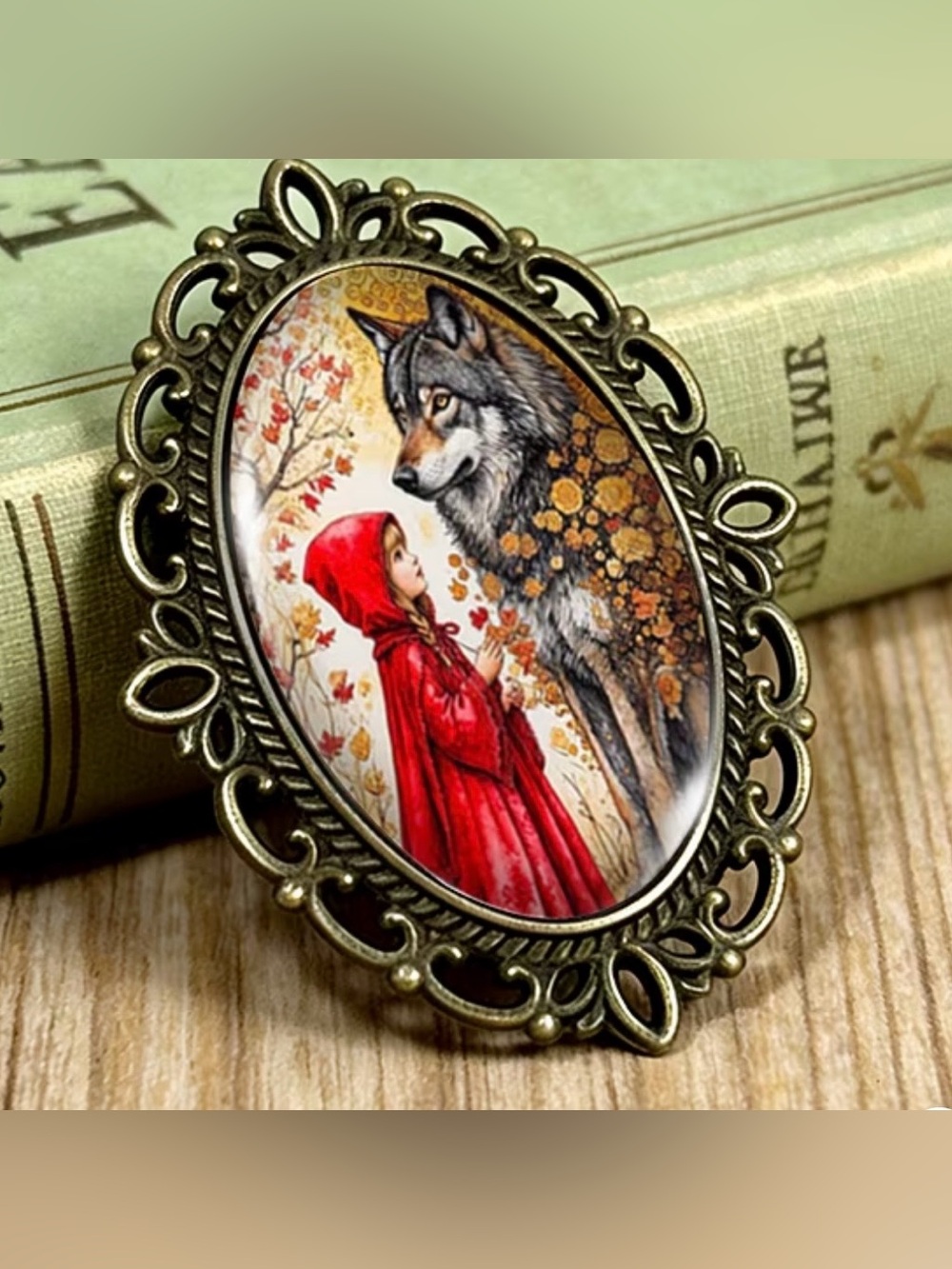 Vintage Bronze Oval Brooch Red Hood Artwork Fairy Gothic Cottagecore Gift Shero